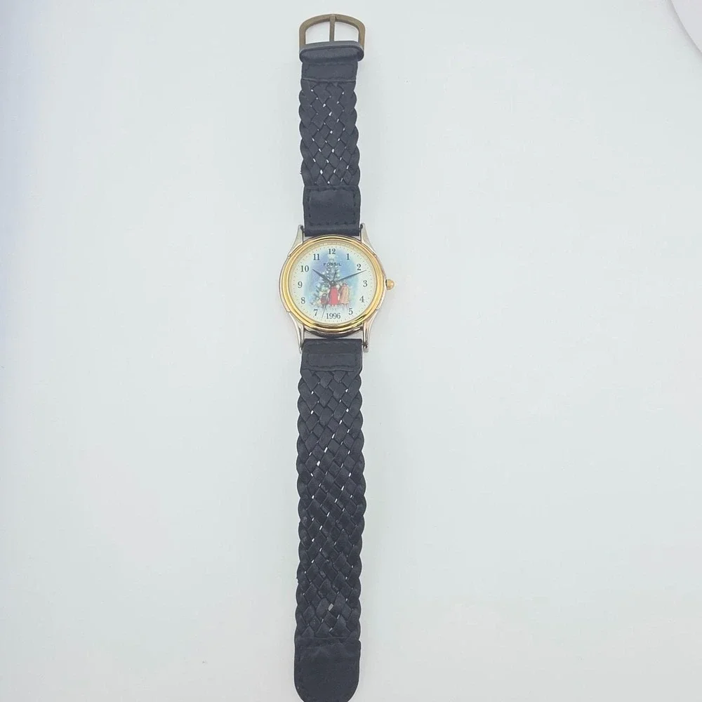 Vtg 1996 FOSSIL Watch Limited Edition Christmas Tree Holiday Black Leather 8